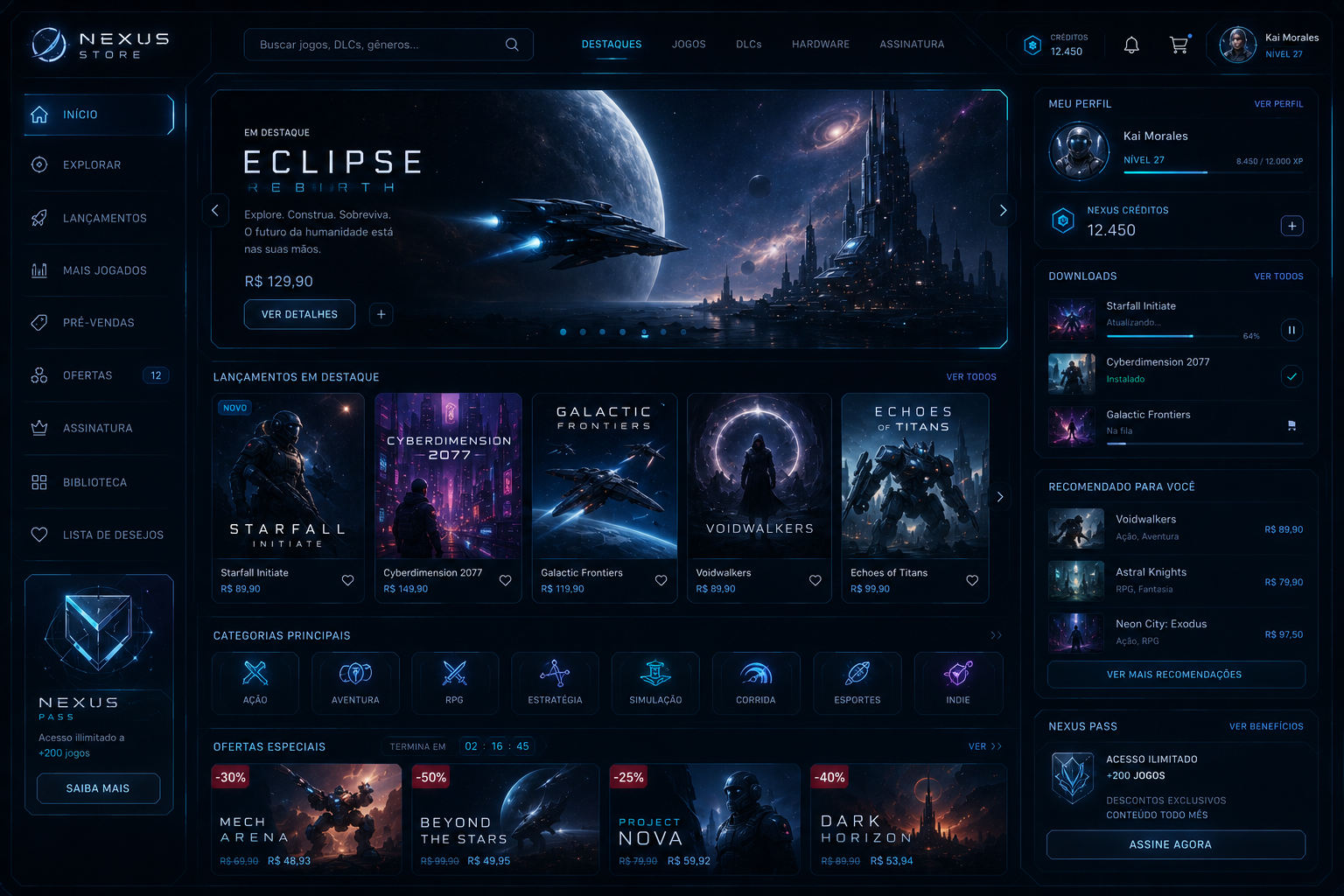 Alt: Loja digital sci-fi com interface futurista escura, vitrine de jogos espaciais, biblioteca holográfica e painéis de downloads e ofertas
